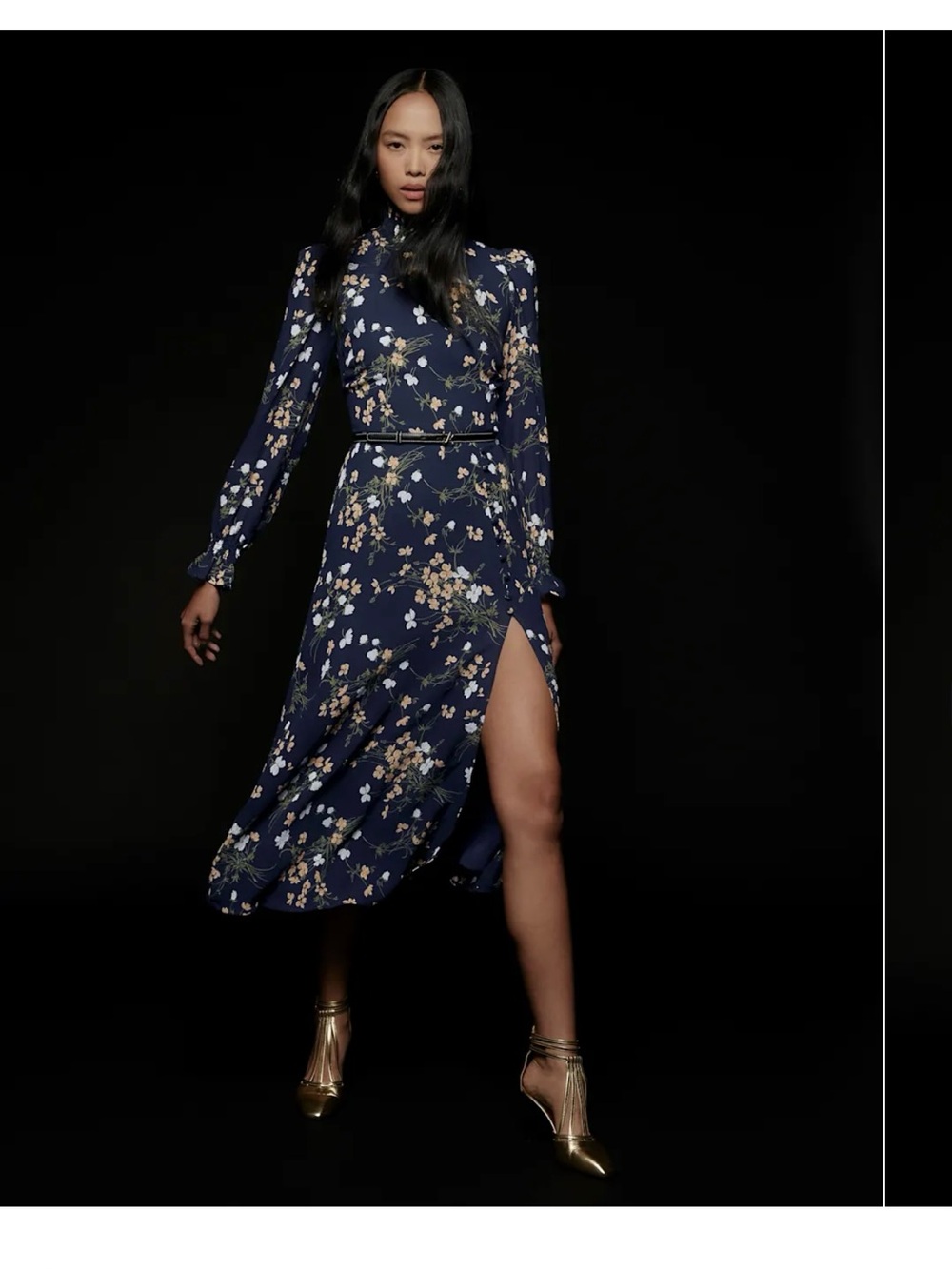 Reformation Navy Floral High-Neck Midi Dress with Side Slit